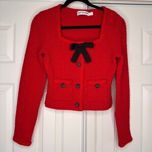 EUC Self-Portrait Red Knit Bow Top Size Small